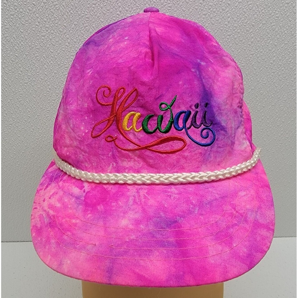 Vintage Hawaii Nylon Pink Tie-Dye White Rope Hat Zip Back Lightweight